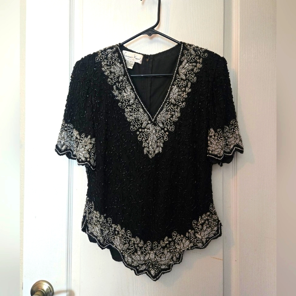 Laurence Kazar dressy black top with silver beading
